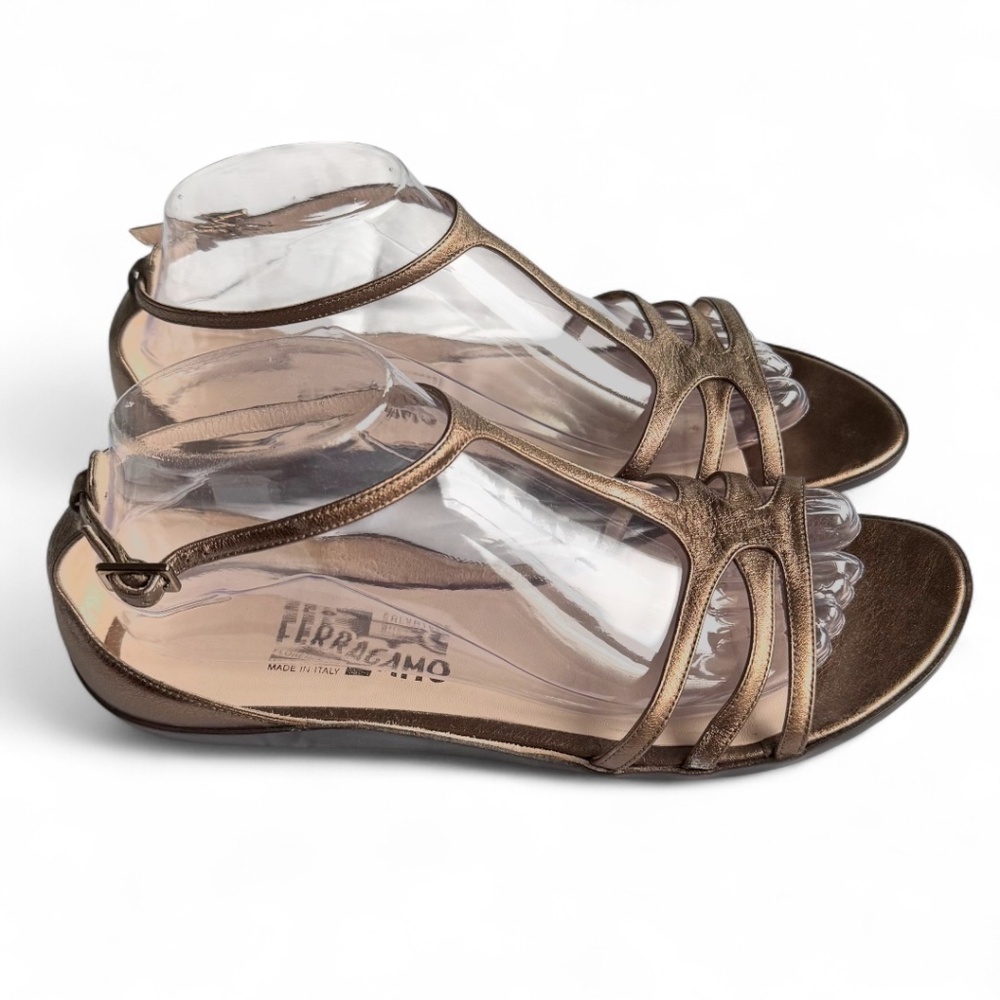 Salvatore Ferragamo Metallic Bronze Leather Strappy Sandals – Size 9B - Picture 3 of 7